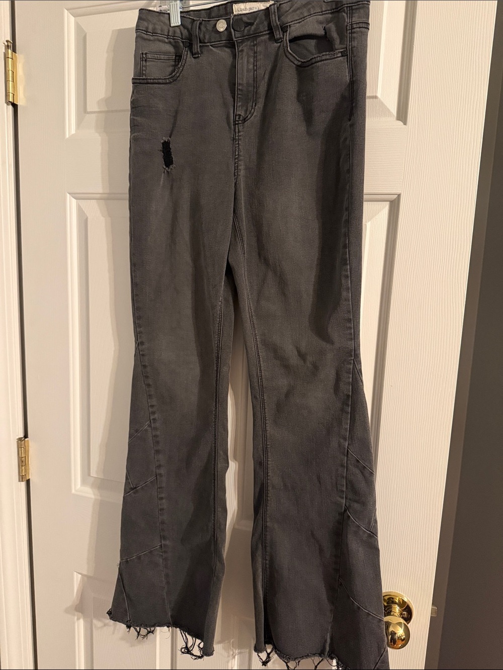 High-Rise Gray Flare Jeans with Frayed Hem